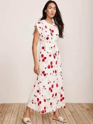 Cream Floral Ruched Midi Dress
